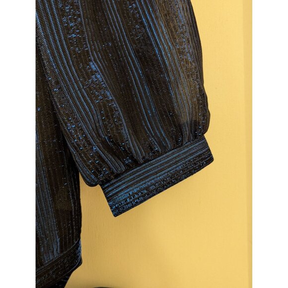 Vintage Frejani Womens Striped Metallic Blue & Black Tie-Waist Blouse - Picture 3 of 8